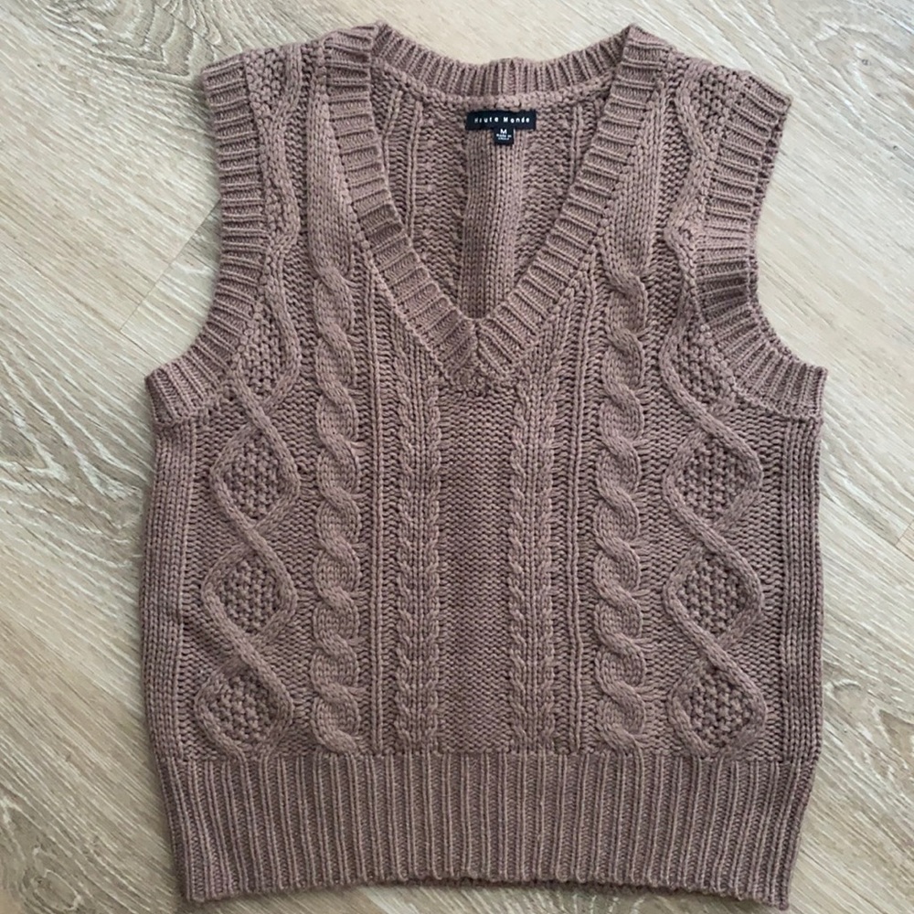 Taupe cable knit sweater vest